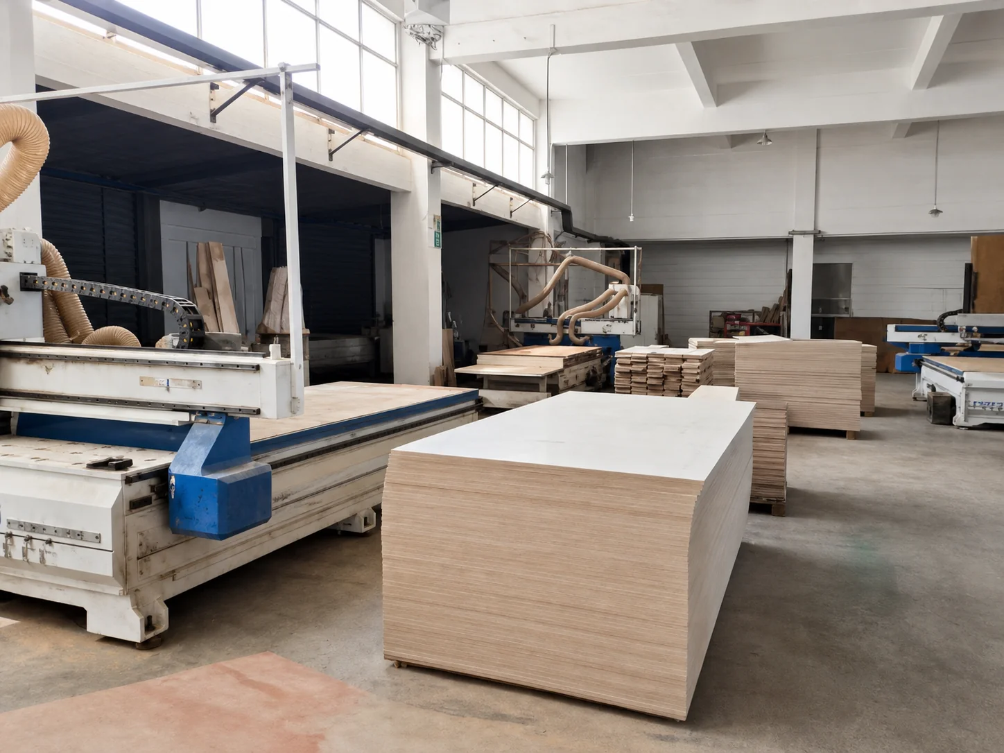 Prepared wooden panels beside CNC equipment