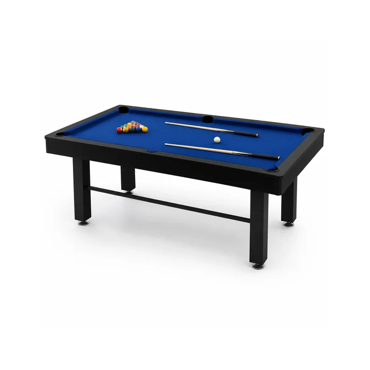 Unbranded contemporary billiard table with blue playing surface and dark exterior
