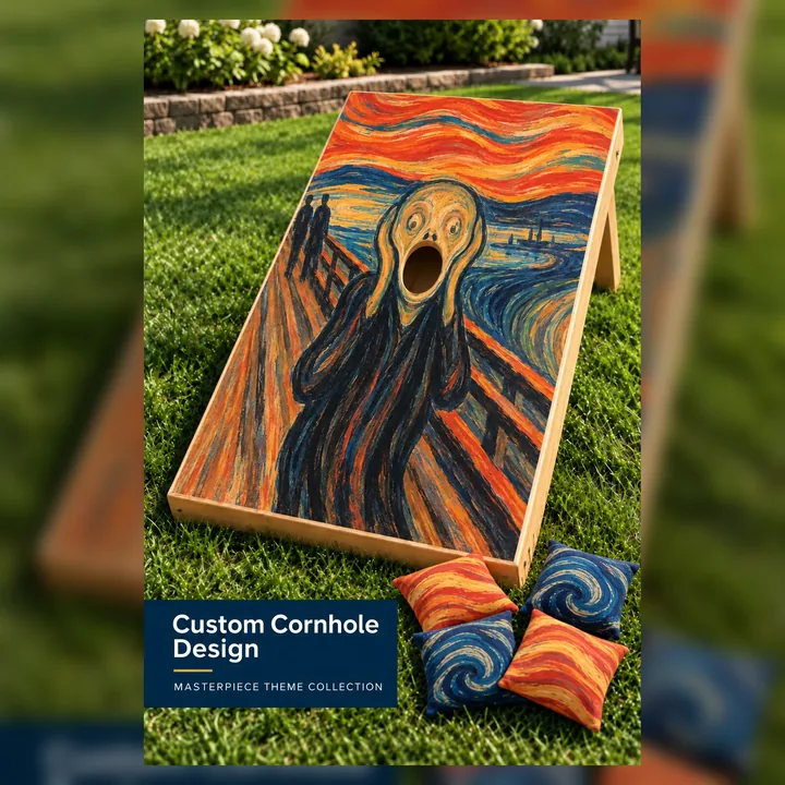 Expressionist wave custom cornhole board with two indigo swirl and two orange wave bean bags