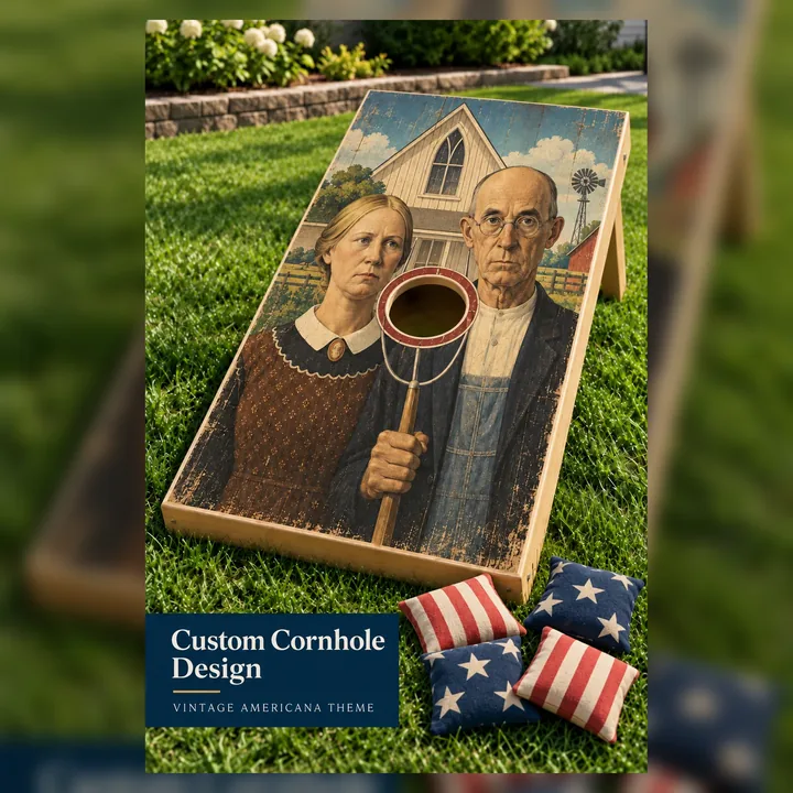 Heritage farm custom cornhole board with two navy star and two red stripe bean bags