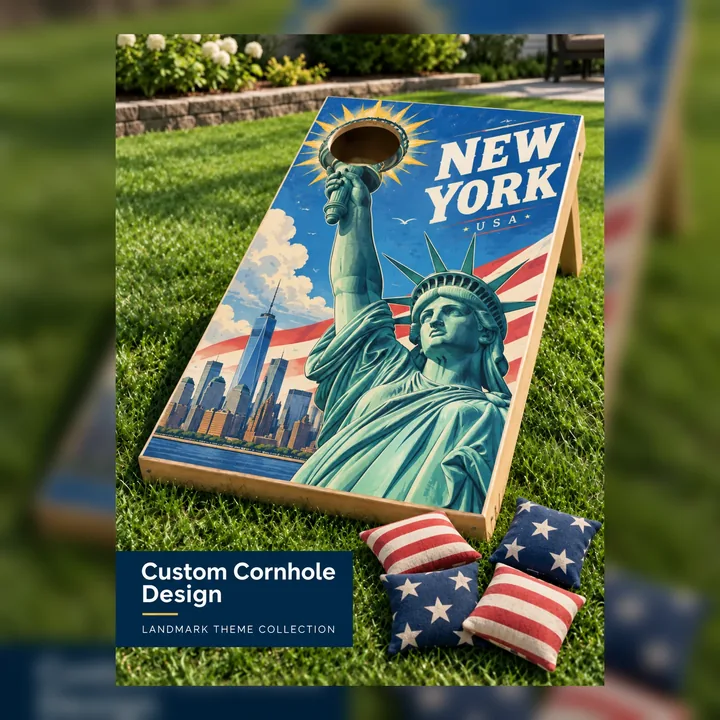 New York landmark custom cornhole board with two navy star and two red stripe bean bags