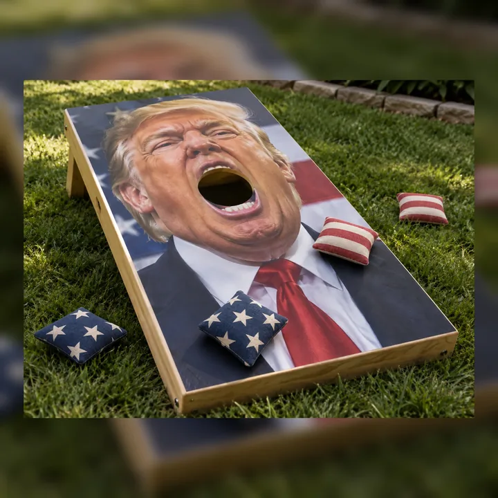 Patriotic portrait custom cornhole board with two navy star and two red stripe bean bags