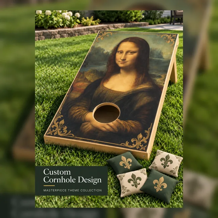 Renaissance portrait custom cornhole board with two green fleur-de-lis and two ivory fleur-de-lis bean bags