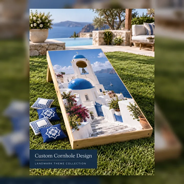 Santorini custom cornhole board with two Greek-key and two blue tile bean bags