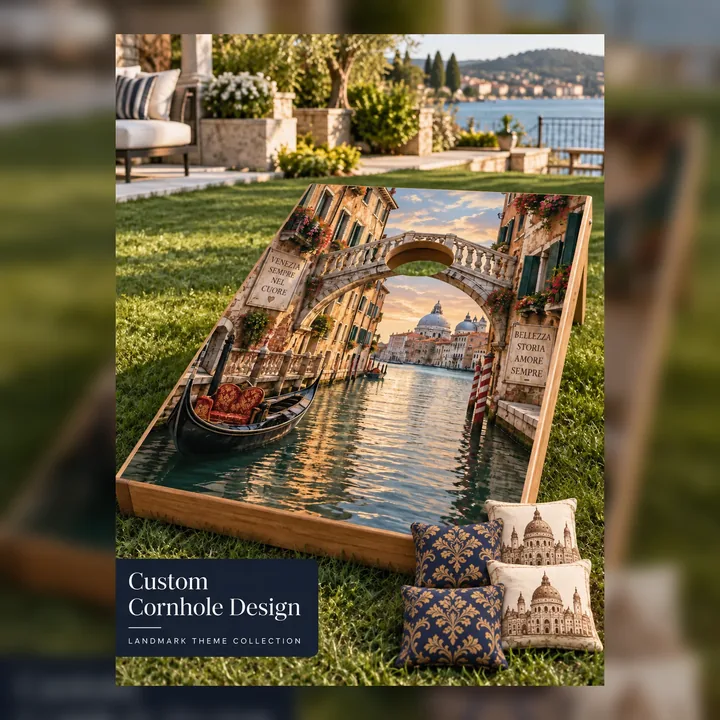 Venice canal custom cornhole board with two navy damask and two ivory architecture bean bags