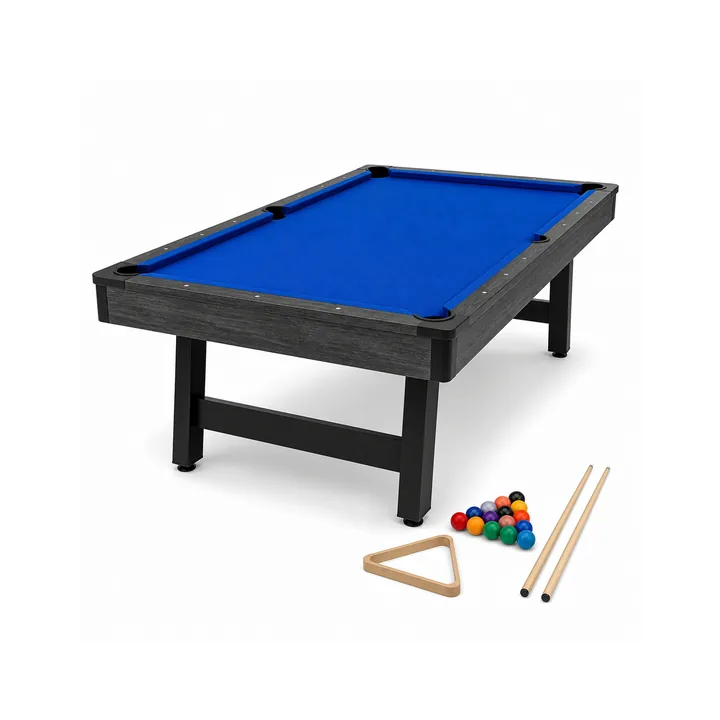 Unbranded modern billiard table with blue playing surface and dark frame