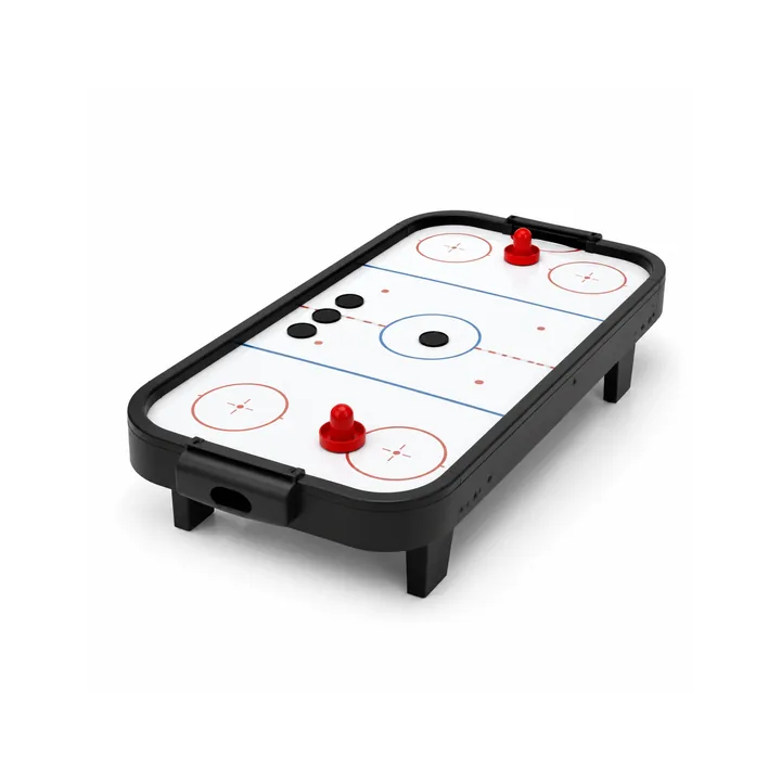 Unbranded short-leg tabletop air hockey game with white playing surface and red strikers