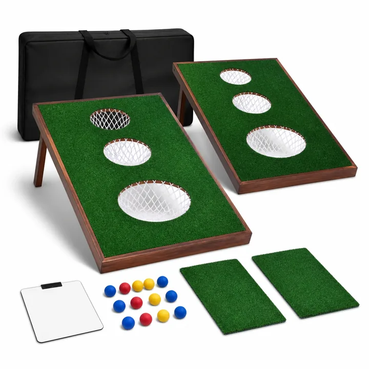 Unbranded dual-board three-hole toss game set with green target boards
