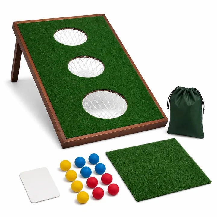 Unbranded single-board three-hole toss game set with green target board