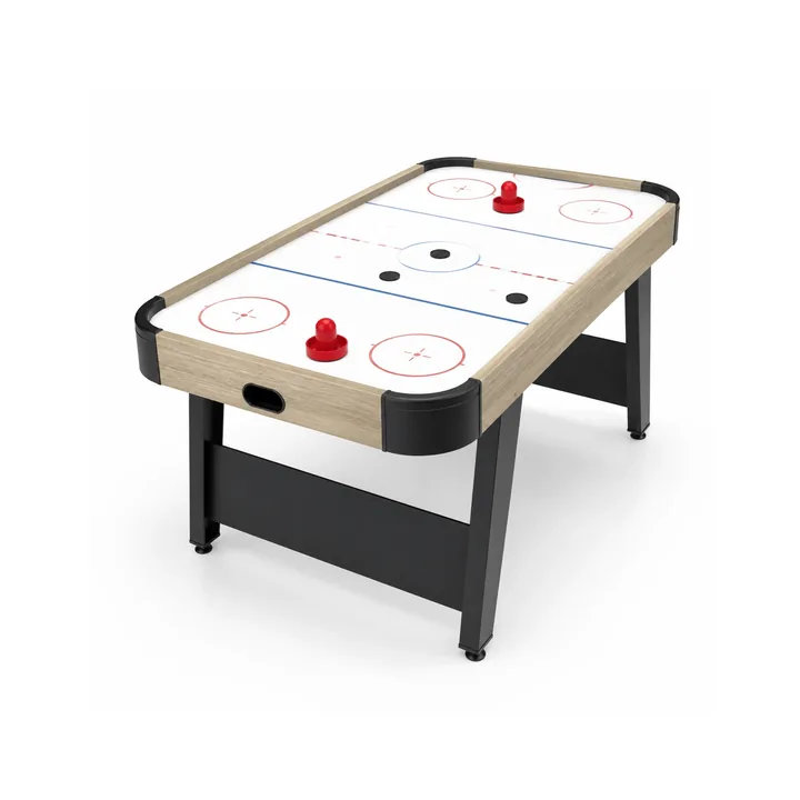 Unbranded wood-look freestanding air hockey table with white playing surface