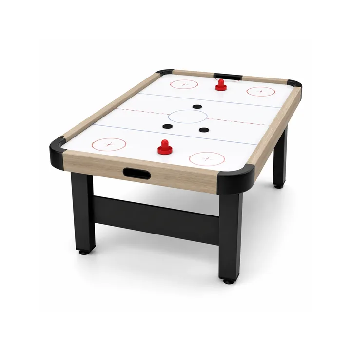 Unbranded wood-look freestanding air hockey table with white playing surface